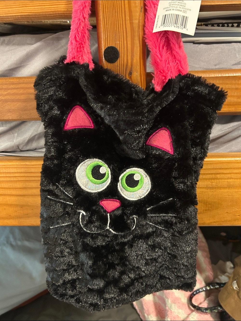 Plush Black Cat Carry Bag with Pink Accents for Kids